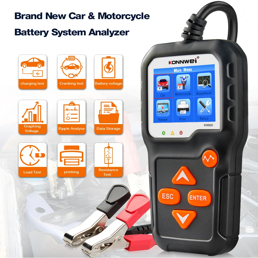 KW650 Car Motorcycle Battery Tester 6V 12V Analyzer 100 to 2000 CCA Car Quick Cranking Charging Tester Tool Free Online Upgrade
