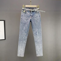 womens hot diamond jeans tide 2021 spring and summer new high waisted skinny tight fitting trousers pencil pants
