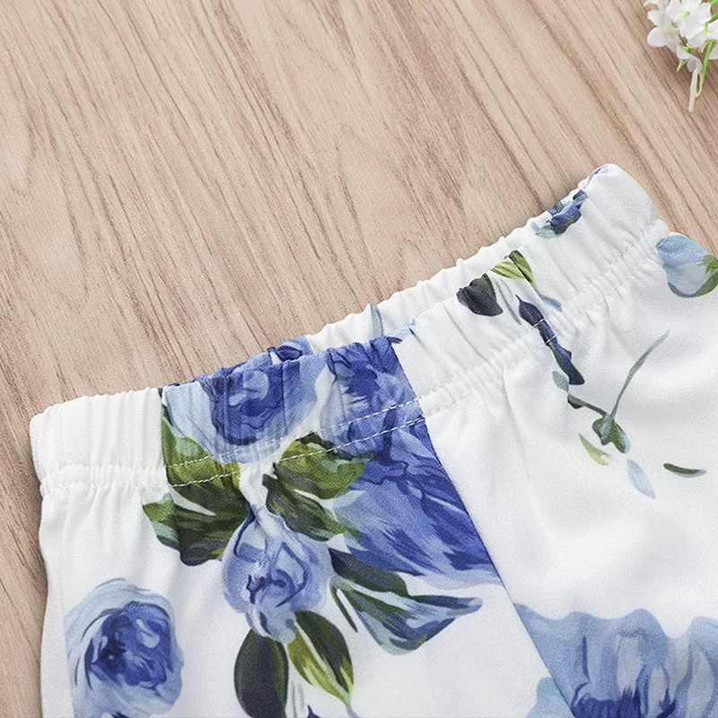 Детские синие цветочные расклешенные брюки для девочек детские штаны с оборками