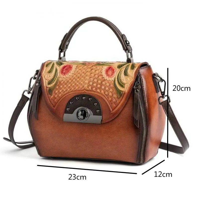 

YourSeason Cow Leather Ladies 2021 Handmade Floral Hasp Handbag Casual Female Shoulder Messenger Vintage Embossed Bags