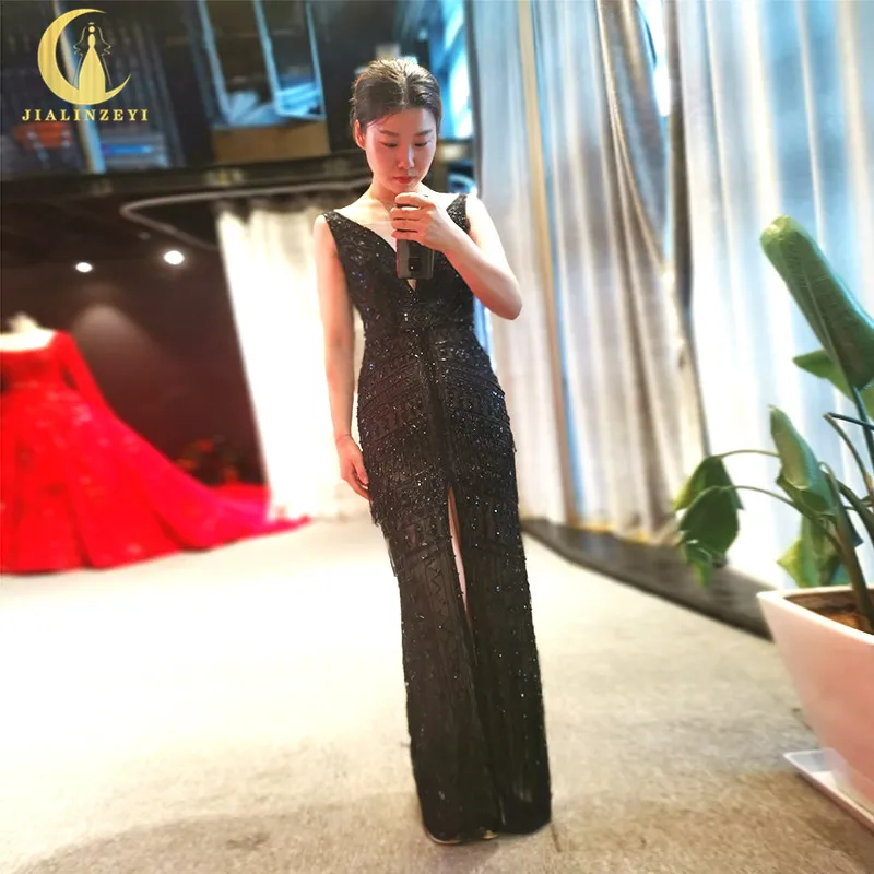 

Rhine real Pictures Sexy Black V Neck Beads Crystal Luxurious Slit Formal dresses arabic evening dresses long