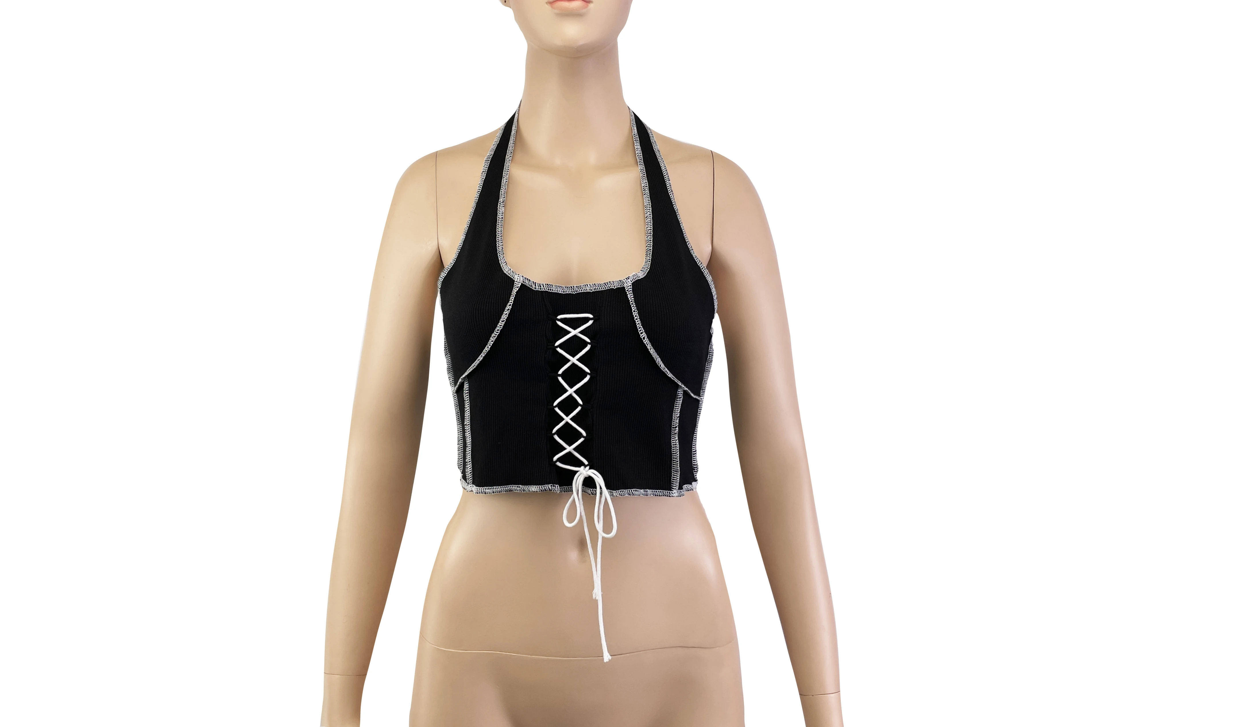 

Summer stitching tight-fitting halter neck contrast line stitching sling slim-fit small vest Ladies wear a vest every day sexy
