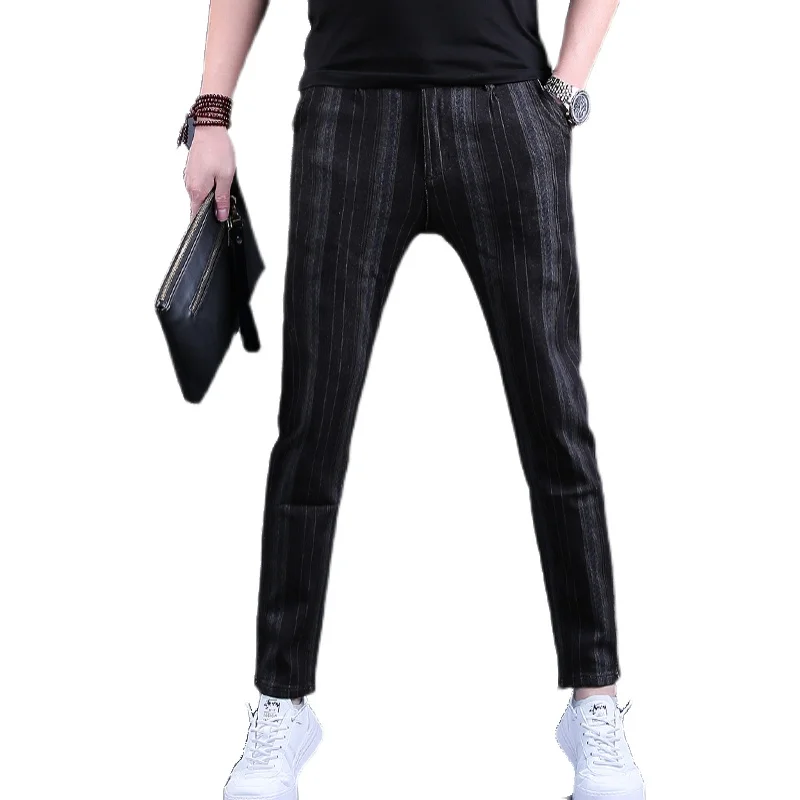 Summer Thin Fashion Striped Jeans Men Black Loose Pencil Pants Korean Style Casual Denim Trousers