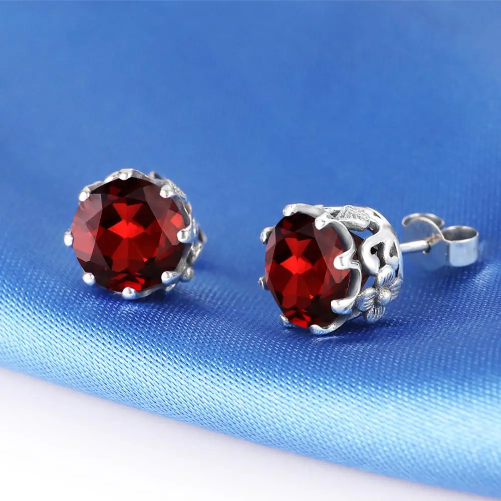 

Stud Earrings For Women Romantic Trendy Red Garnet Round Gemstone Sterling Silver Earring Fashion Jewelry Party Valentine's Gift