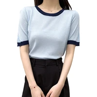 korean chic style women summer clothing round neck loose casual color blocking short sleeve t shirt ladies wear leisure top tee