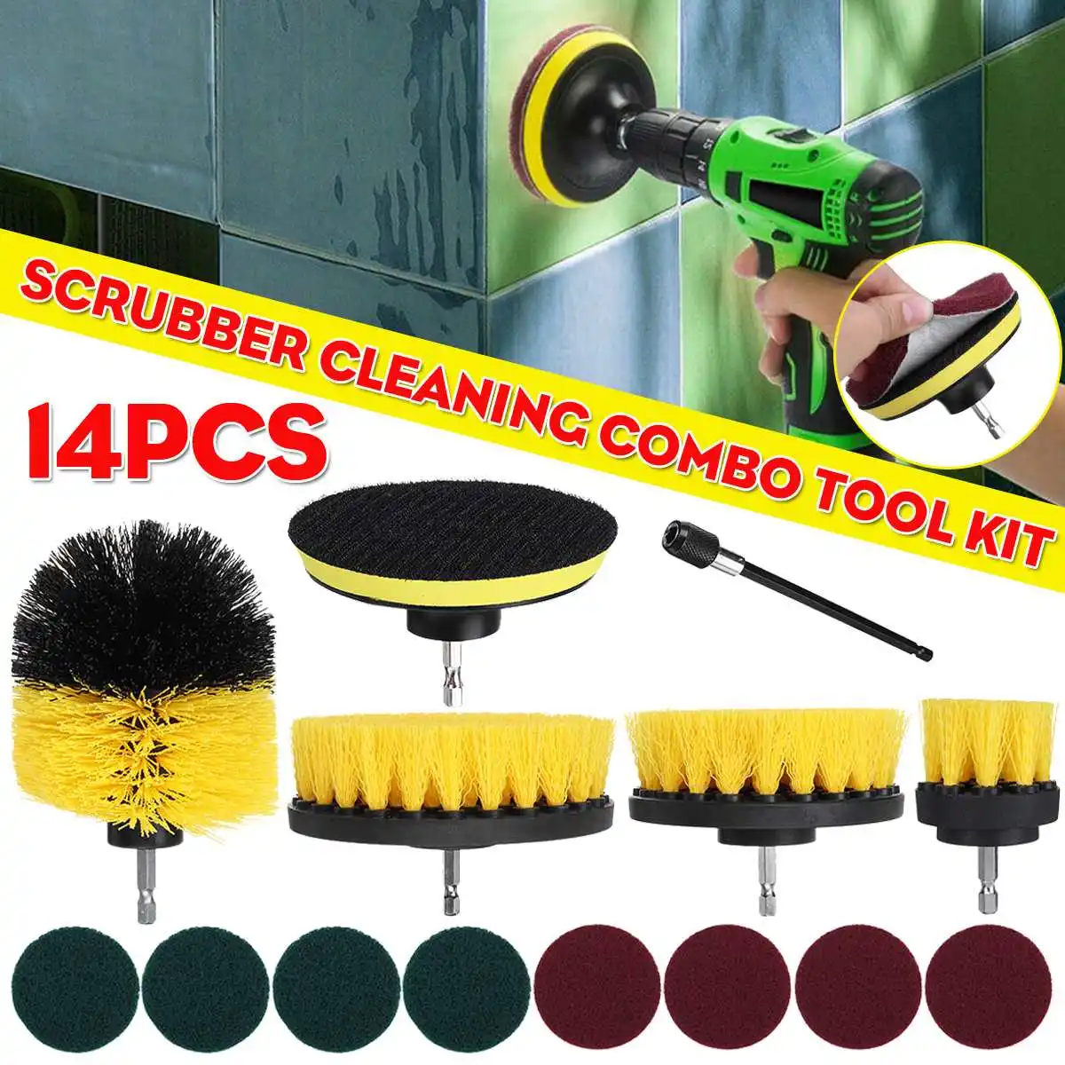 

14pcs 2/4/5'' Electric Scrubber Brush Drill Brush Kit Plastic Round Cleaning Brush Tool for Carpet Glass Car Tire Nylon Brushes