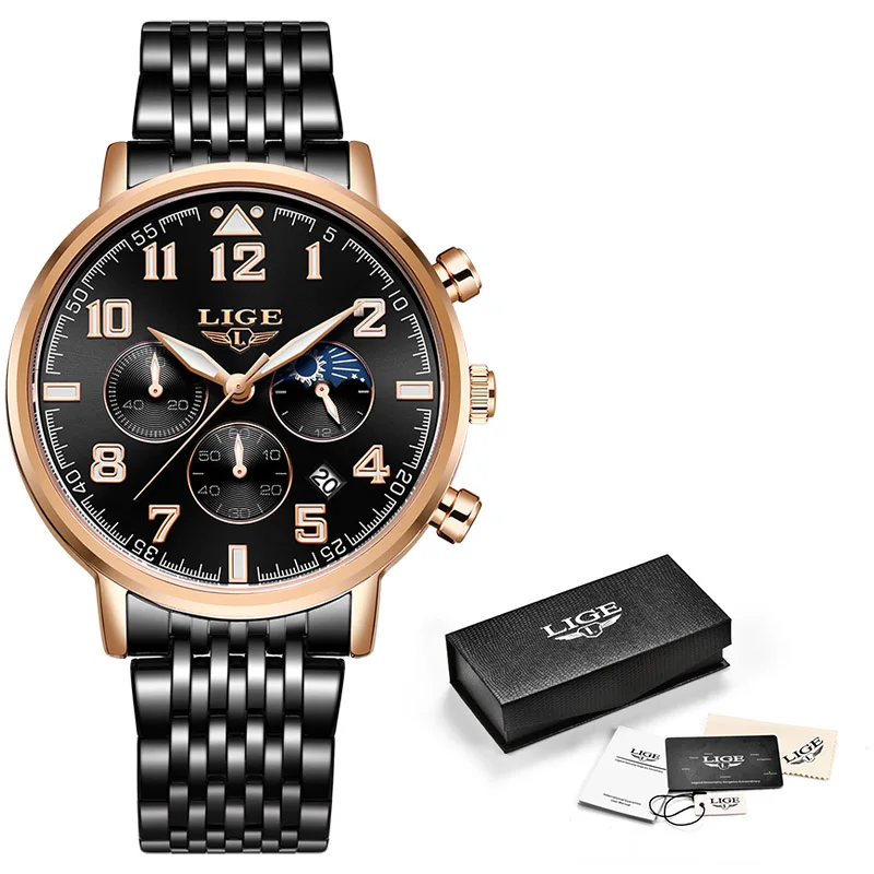 Rose gold black S LIGE новые мужские s часы лучший бренд класса люкс Бизнес Кварцевые часы мужские спортивные полностью стальные Водонепроницаемые Синие часы Relogio Masculino - Цвет: Rose gold black S