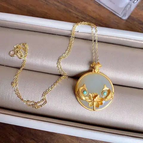 

Silver inlaid natural and white field jade koi pendant necklace Chinese style retro palace style charm women's brand jewelry