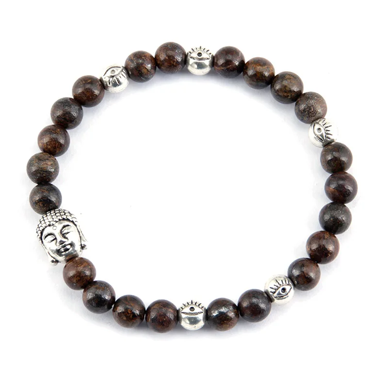 Мужской браслет 6 мм Bronzite Buddha Evil Eye эластичный ручной работы растягивающиеся