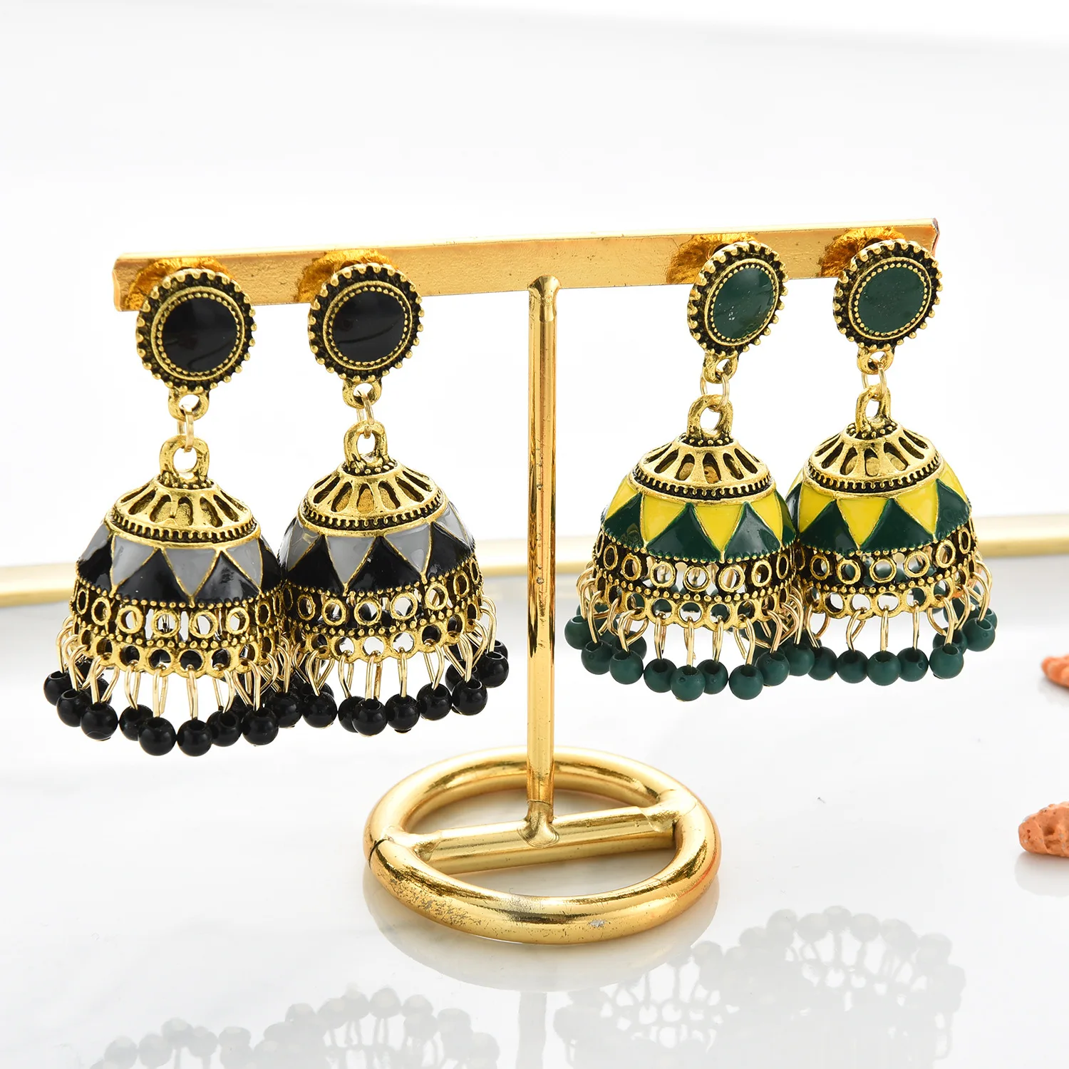 Vintage Colorful Beads Tassel Indian Jhumka Earrings For Women Ethnic Boho Gold Alloy Bollywood Oxidized Bell Dangle | Украшения и