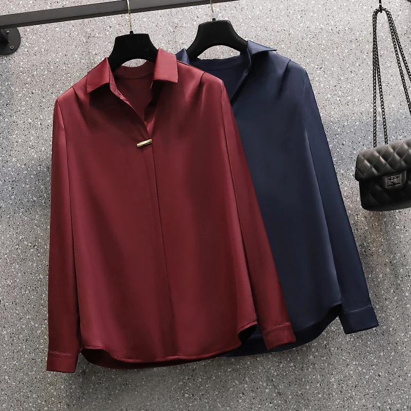 

New Spring Autumn Women Fashion Long Sleeves Satin Blouse Vintage Femme Oversized Street Shirts Elegant Imitation Silk Blouse