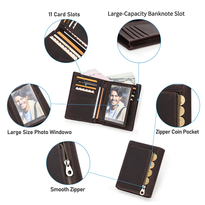 CONTACT'S Genuine Leather Men Wallets Small Money Purses Wallets Male Vertical Rfid Wallets Multi Function ID Credit Card Holder