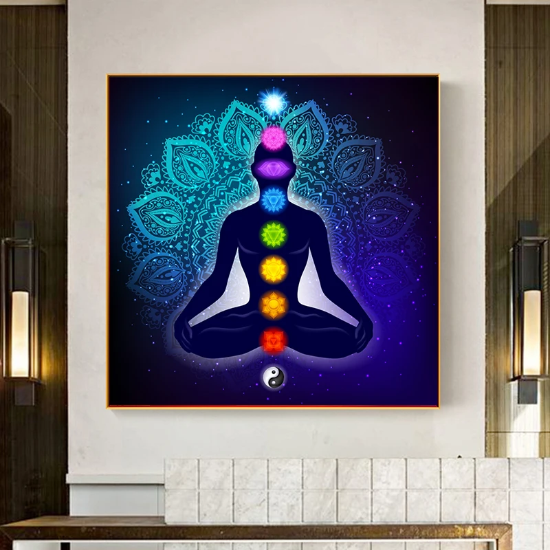 

Canvas Painting Art Posters Prints Indian Buddha Meditation 7 Chakra Yoga Sports Wall Art for Living Room Bedroom Unframed