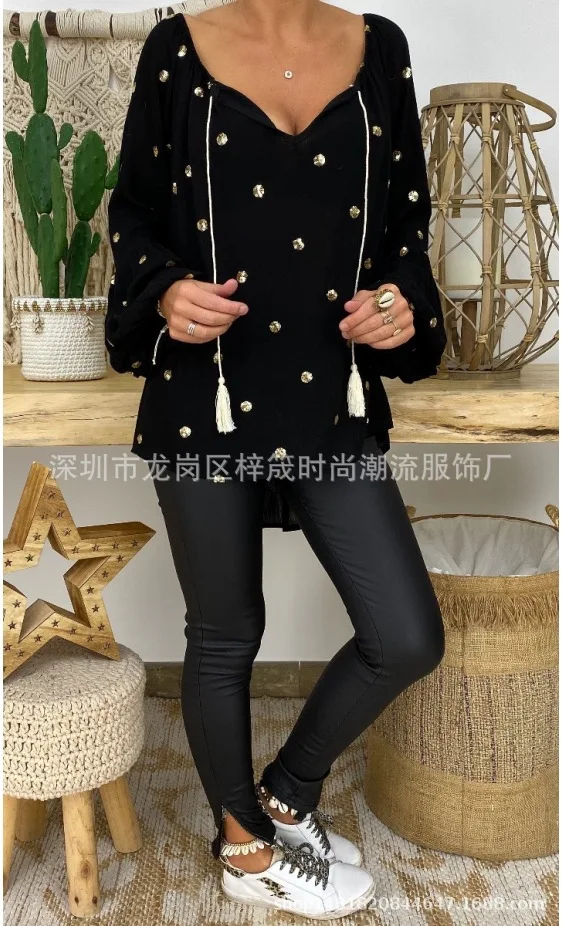 Large size loose women blouse 2020 summer bohemian top casual V-neck horn show strap sequined ladies shirt | Женская одежда