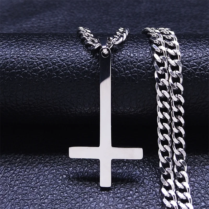 

Upside Down Cross Stainless Steel Pendants Necklaces Women/Men Silver Color Chain Necklace Pagan Jewelry bijoux N8006S06