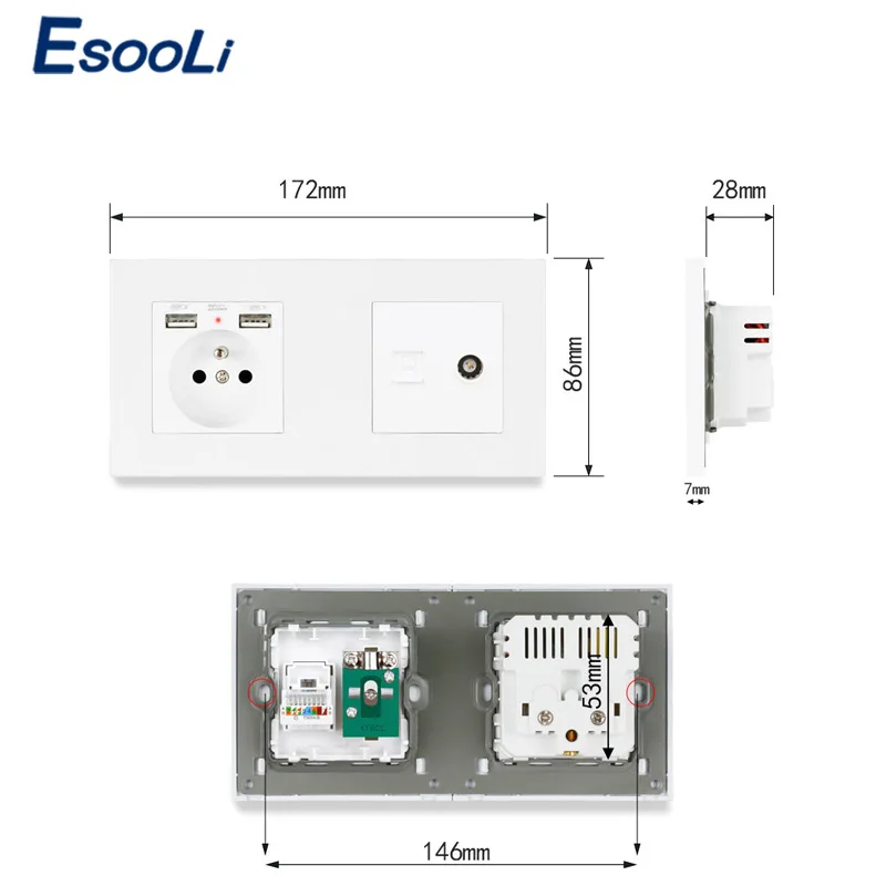 Пластиковая панель Esooli французская стандартная электрическая розетка с 2 USB +