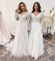 white long sleeve tulle wedding dress lace appliques v neck corset backless elegant bridal gowns floor length vestidos de novia