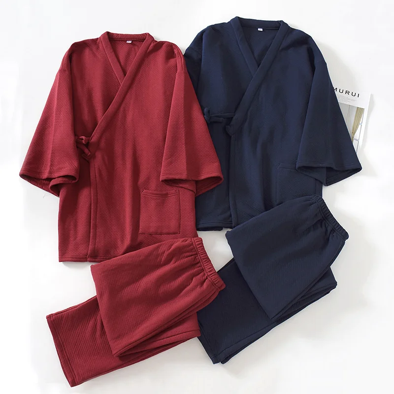 

Winter Japanese Men's Kimono Pajamas Set Cotton Air Layer Thickening Trousers Home Service Two-piece Suit Yukata Pijama Hombre