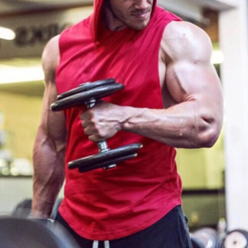 

Men Gym Fitness Tank Tops Mens Bodybuilding Hooded Workout Vest Summer Gym Clothing For Male Sleeveless Vest Shirts Plus Size