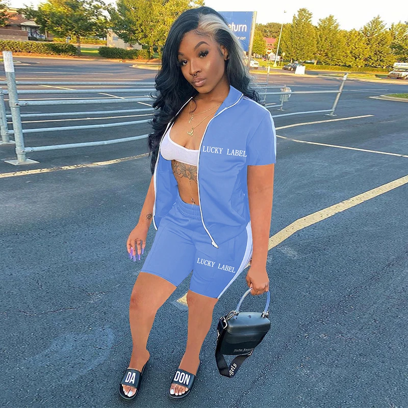 

Women Loose Tracksuit Casual Two Piece Set LUCKY LABEL Embroidery Zip Short Sleeve Jackets+Biker Shorts Active Loungewear Suits