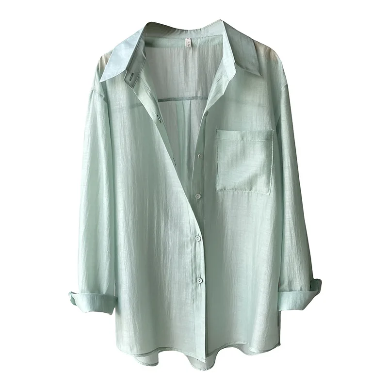 

2021 summer Korean version texture micro transparent silk white shirt for women spring and summer long sleeve blouse thin shirt