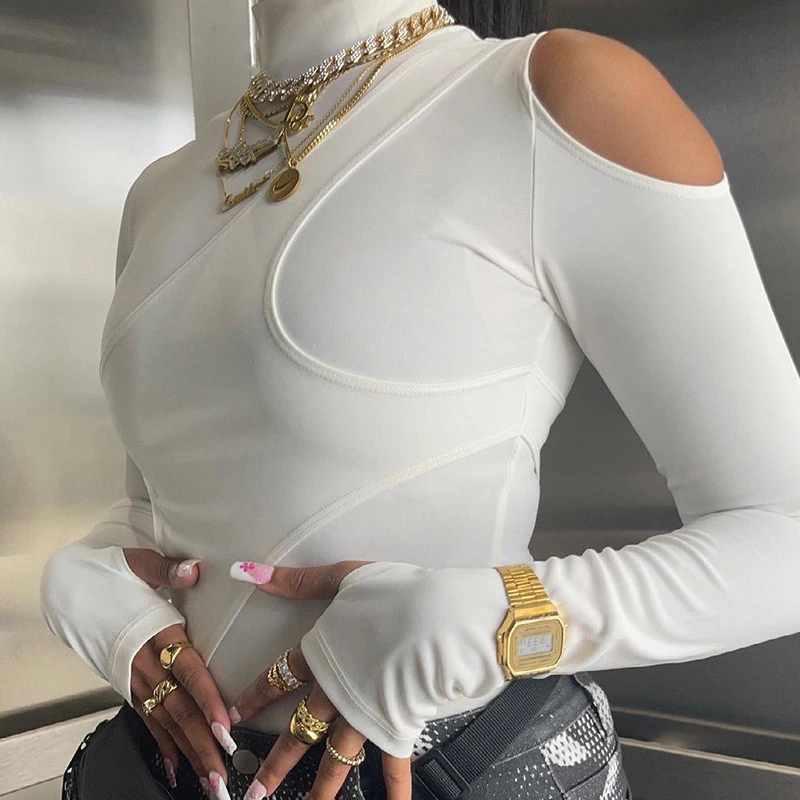 

Patchwork Hollow Out Bodysuit Women Autumn Solid Jumpsuit Stretch Fitness Rompers Tops Sexy Slim Fashion White Female Clothing