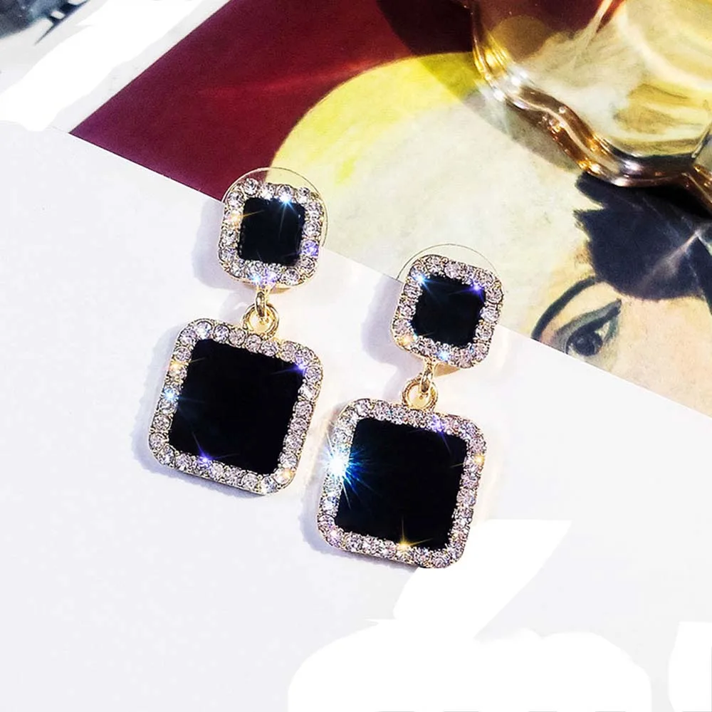 Эффектные серьги черные квадратные геометрические для женщин роскошные