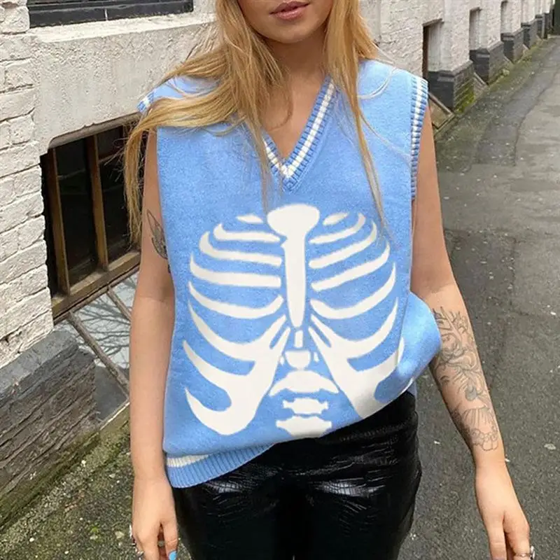 

Fall Winter Loose Y2K Skull Print Loose Sweater with Skeleton Print Knitted V-Neck Blouse Sleeveless Argyle Sweater Vest Casual