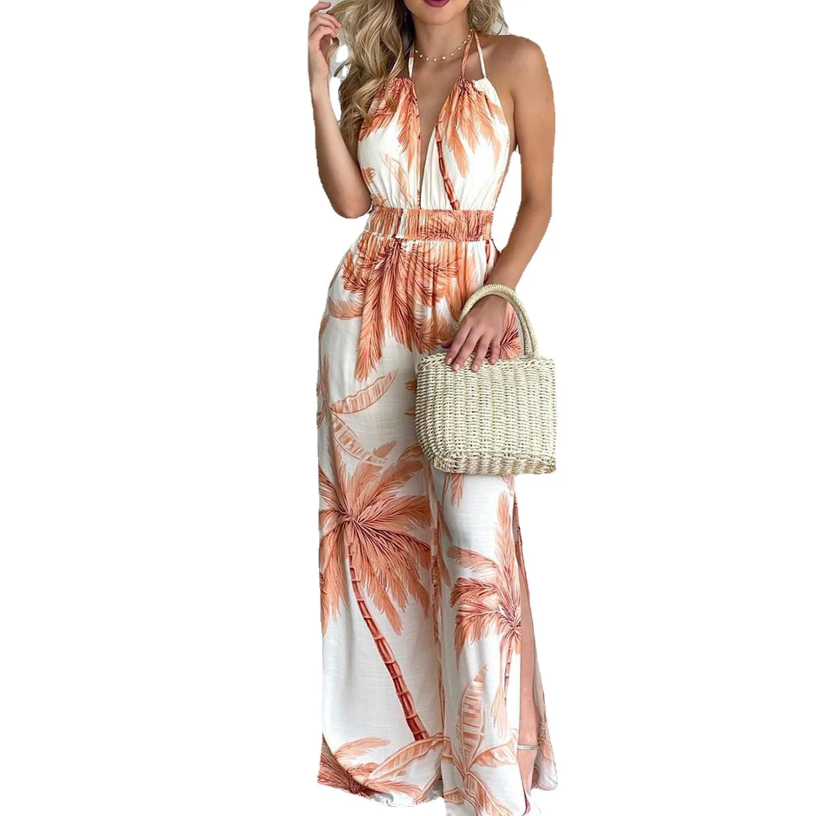 

Ladies Fashion Jumpsuit Printed V-neck Casual Sexy Halter Elegant Slit Loose Wide Leg Pants Beach Summer New Style 2021