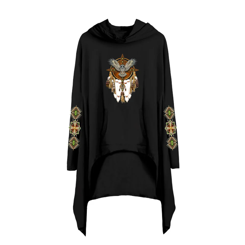 

Ladies Loose Long Hoodie Ethnic Print Pullover Long Sleeve Fashion Hoodie Pullover Dress