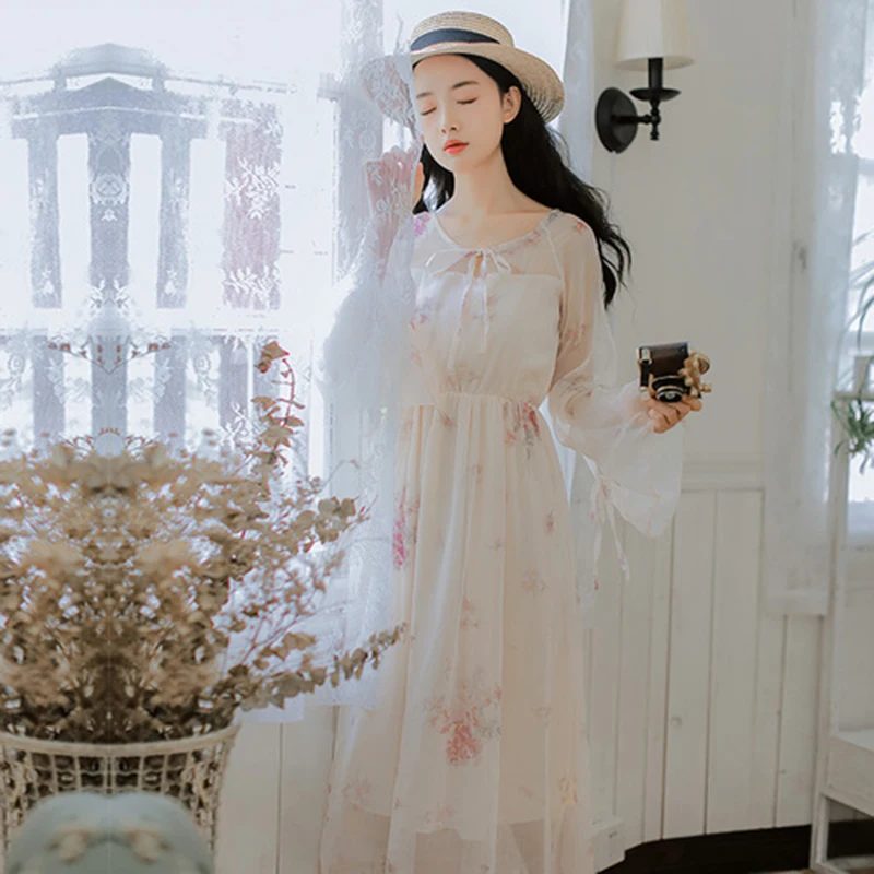 Женское шифоновое платье с расклешенным рукавом Длинное Элегантное приталенное