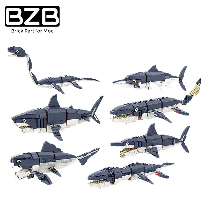 BZB MOC 56298 Prehistoric Ocean Fighting Sea Creature Gear Shark Building Block Model Set Deep Sea Monster Birthday Gift DIY Toy