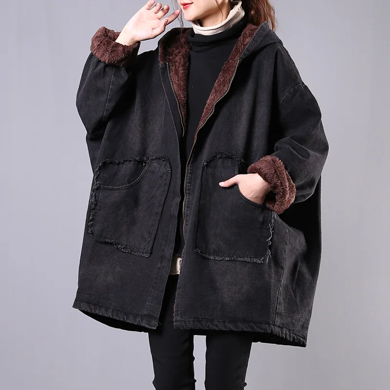 Плюс бархат деним зима новый свободный большой размер литературный рукав