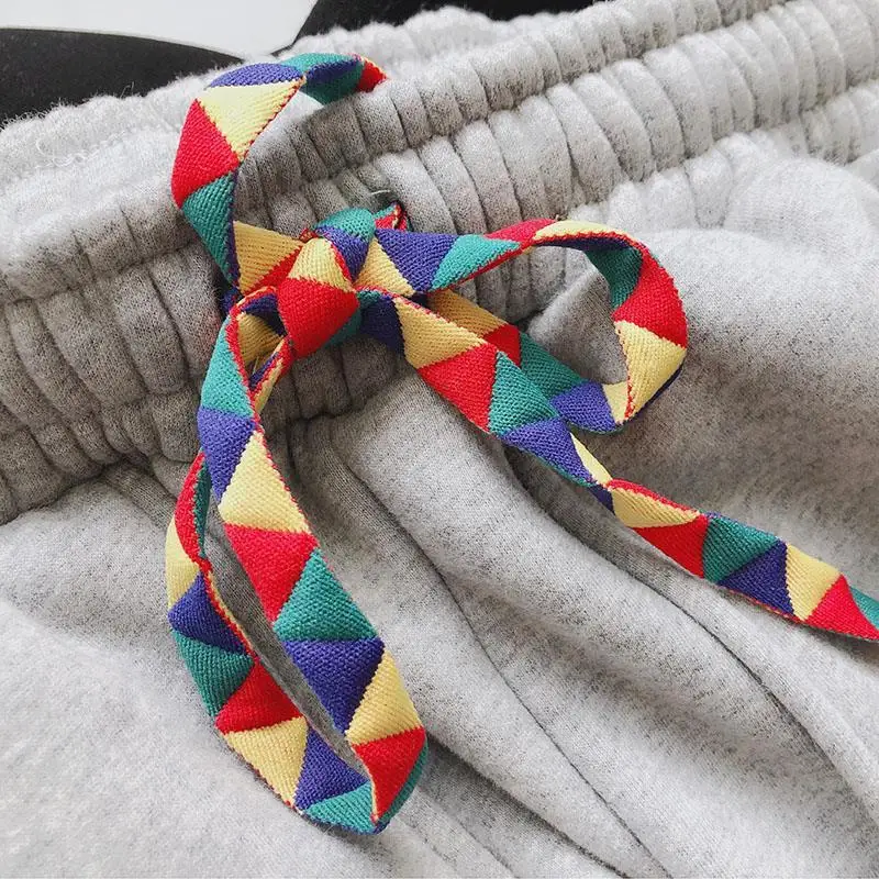 

Rainbow Print Long Pants Women Plus Velvet Thickening Pocket Elastic High Waist Haren Adjustable Harajuku Woman Trousers BF Pant