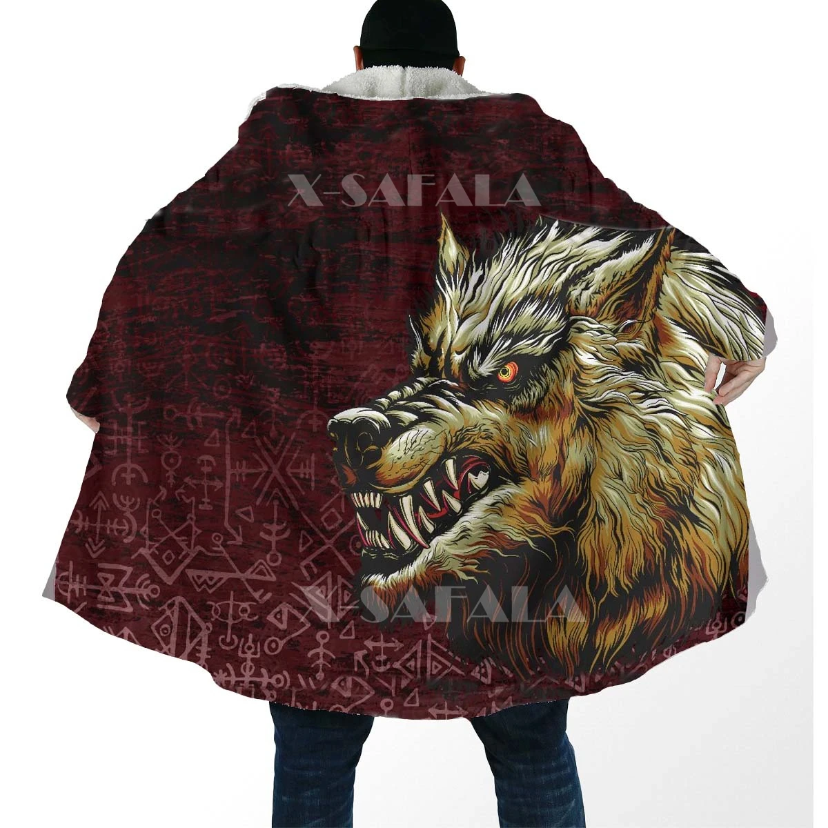 

Viking Fenrir Blood Moon All Over 3D Printed Hoodie Long Duffle Topcoat Hooded Blanket Cloak Thick Jacket Cotton Pullovers