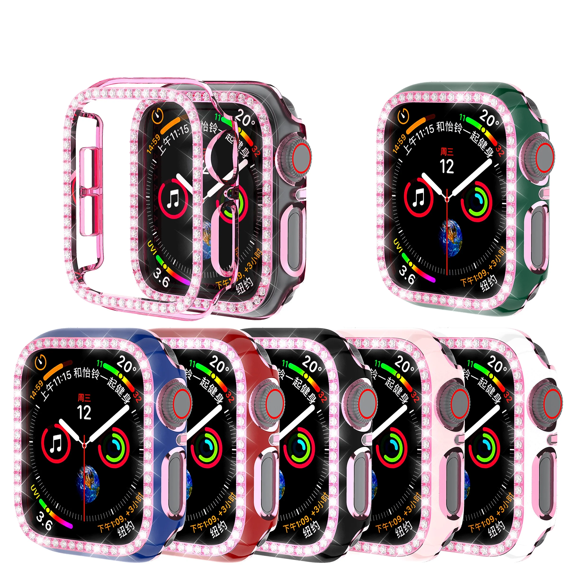 

Protective Case For Apple Watch 6D Dazzling Carving PC Single Row Diamond Iwatch 6 5 4 3 2 1 38mm 40mm Case For iWatch 42mm 44mm