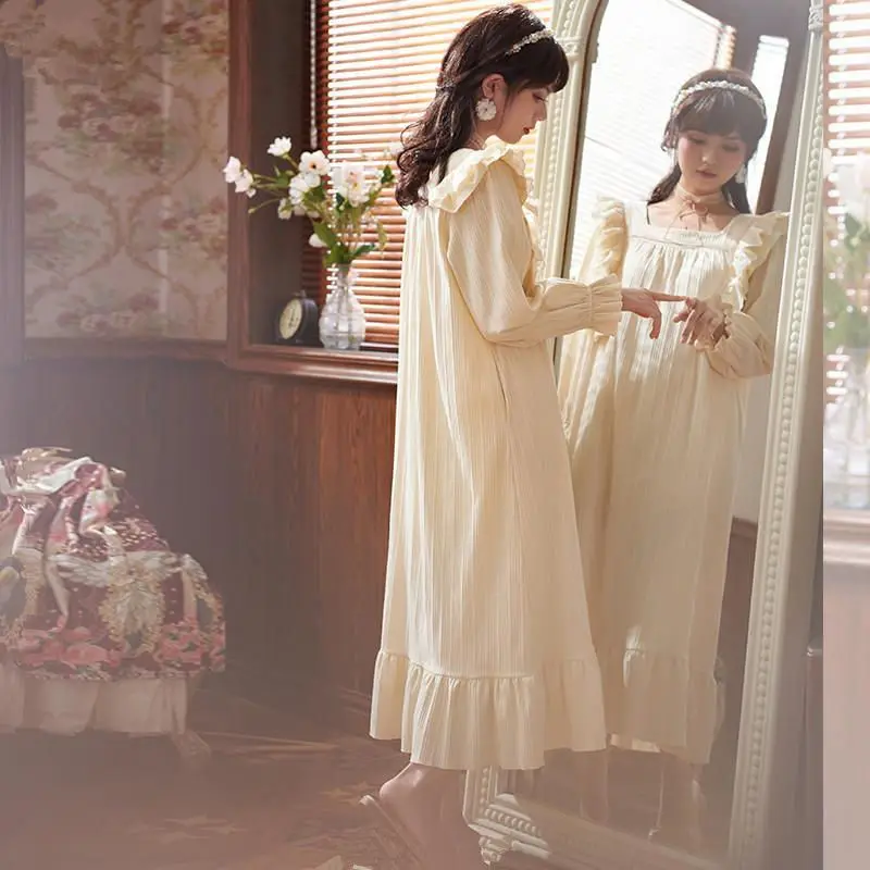 Women's Nightdress Spring and Autumn Cotton Long-sleeved Sleepwear Palace Princess Sweet Dress Women's Long Skirt Home Service