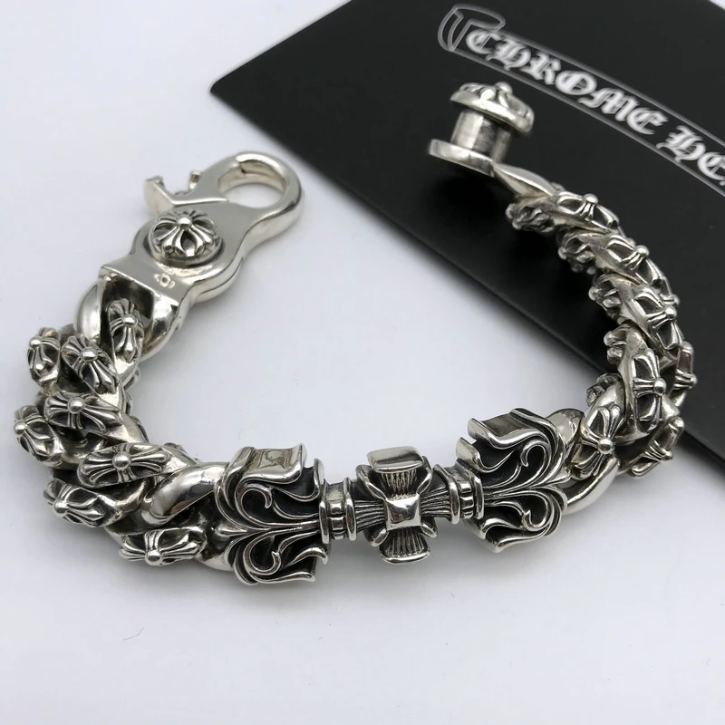 

Crow Heart Domineering Cross Bracelet Men's Trend 925 Sterling Silver European and American Vintage Sterling Silver Bracelet