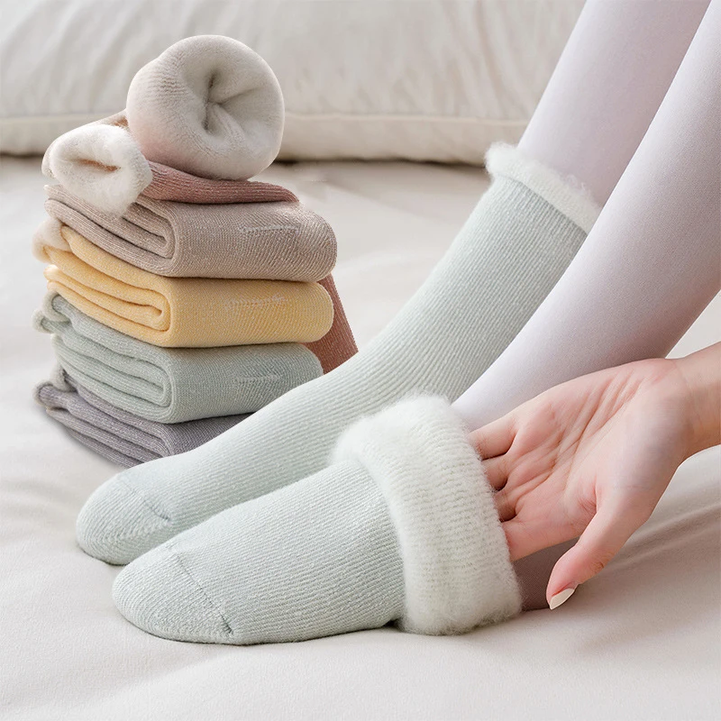 

Зимние женские носки, теплые плотные теплые однотонные шерстяные носки для дома и пола, кашемировые милые носки для девушек