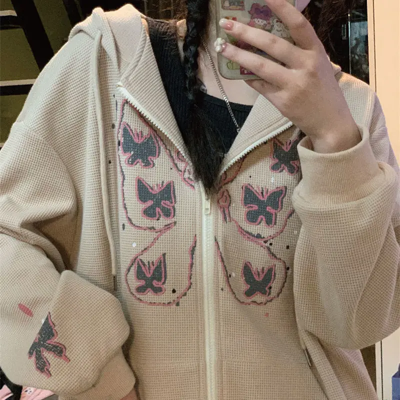 

Butterfly Cardigan Hoodie Jacket Women 2022 New Spring Korean Harajuku Loose Retro Sweatshirt Oversized Zipper Women Y2k Tops