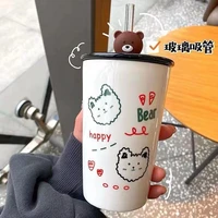 super cute bear ins wind cup girl student milk cup japanese cute mug large capacity couple ceramic cup cup with lid and straw