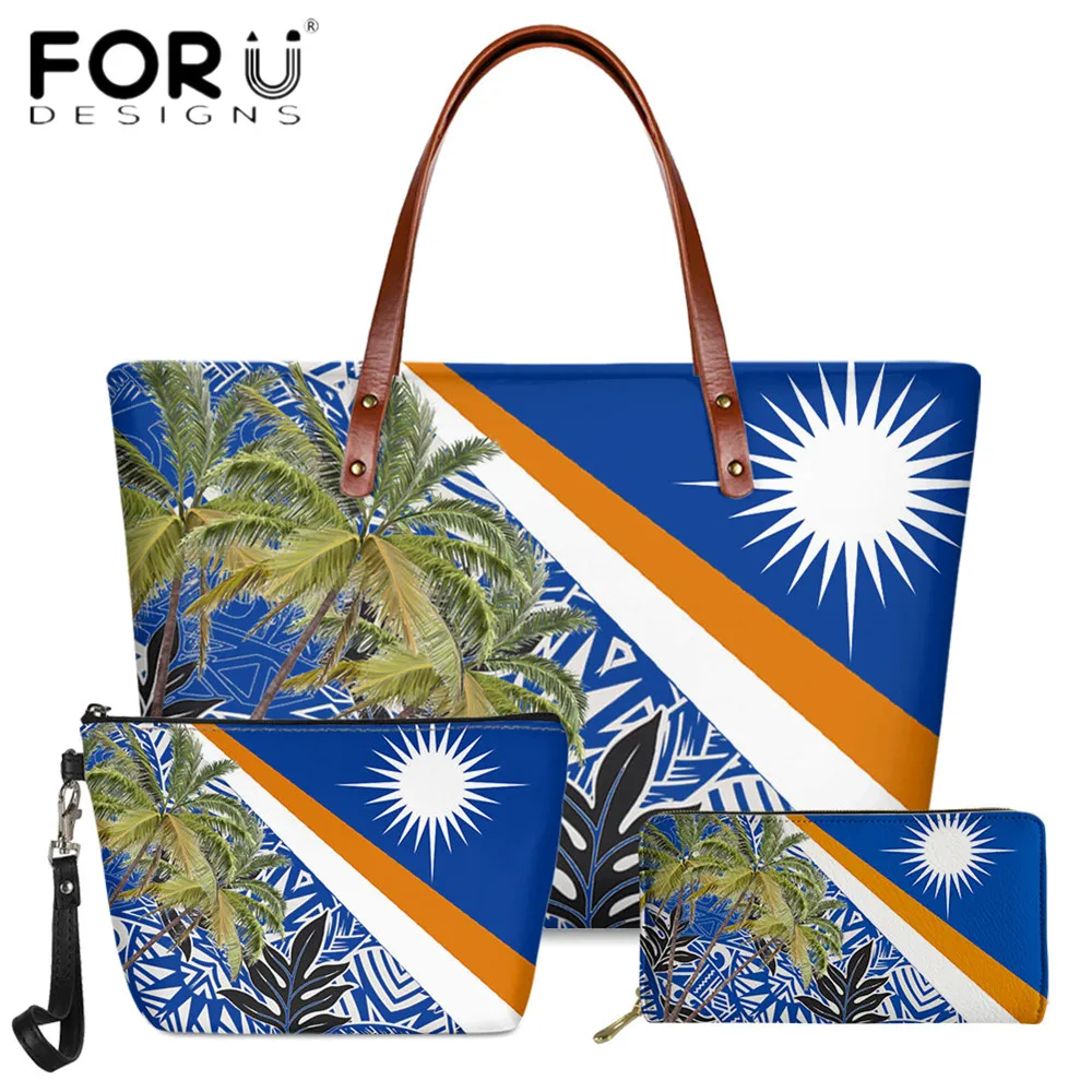 

FORUDESIGNS 3pcs Polynesian Marshall Islands Tribe Pattern Women Fashion Tote Bags PU Leather Long Purses Travel Large Handbags