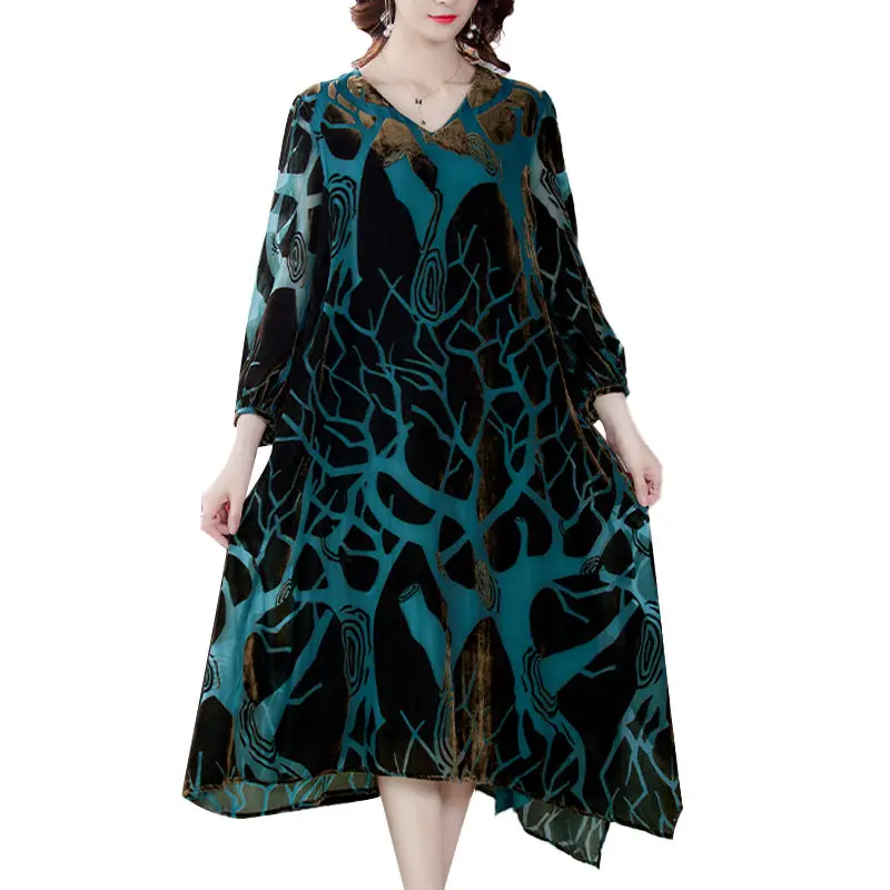 

V-Neck Silk Velvet Dress Women's Autumn Clothing 2020 New Ladies High-End Temperament Retro Elegant Fashion Loose Vestidos y1234