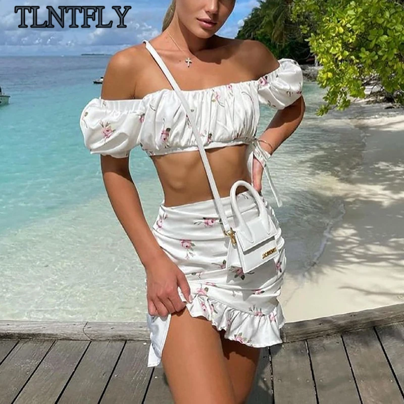 

TLNTFLY Sexy Printed Puff Sleeve Stretch Tube Top And Ruffle Skirt 2 Piece Sets Women Summer Streetwear Clothes Skirt Sets 2021