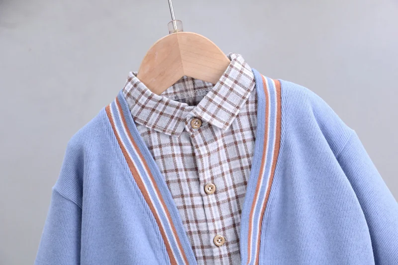 

Autumn Korean boy long-sleeved suit three-piece single-breasted cardigan jacket pants kid's plaid shirt toddler boy fall clothes