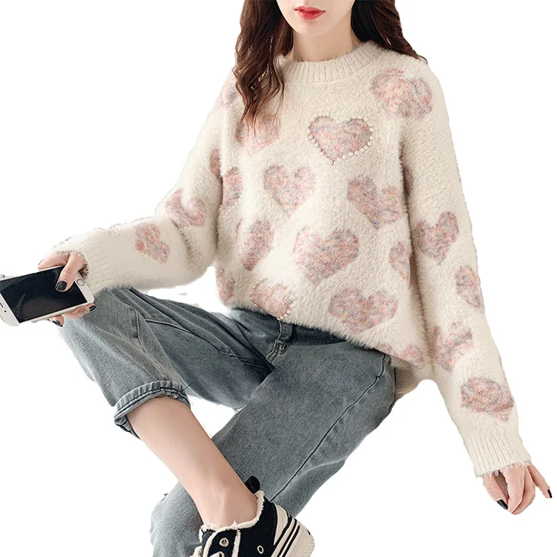 Woman Thicker Sweater 2019 Winter New C.h.i.c Women's Korean Maiden Sweet Cute Japanese Heart Beading Short Pullover Loose Warm | Женская