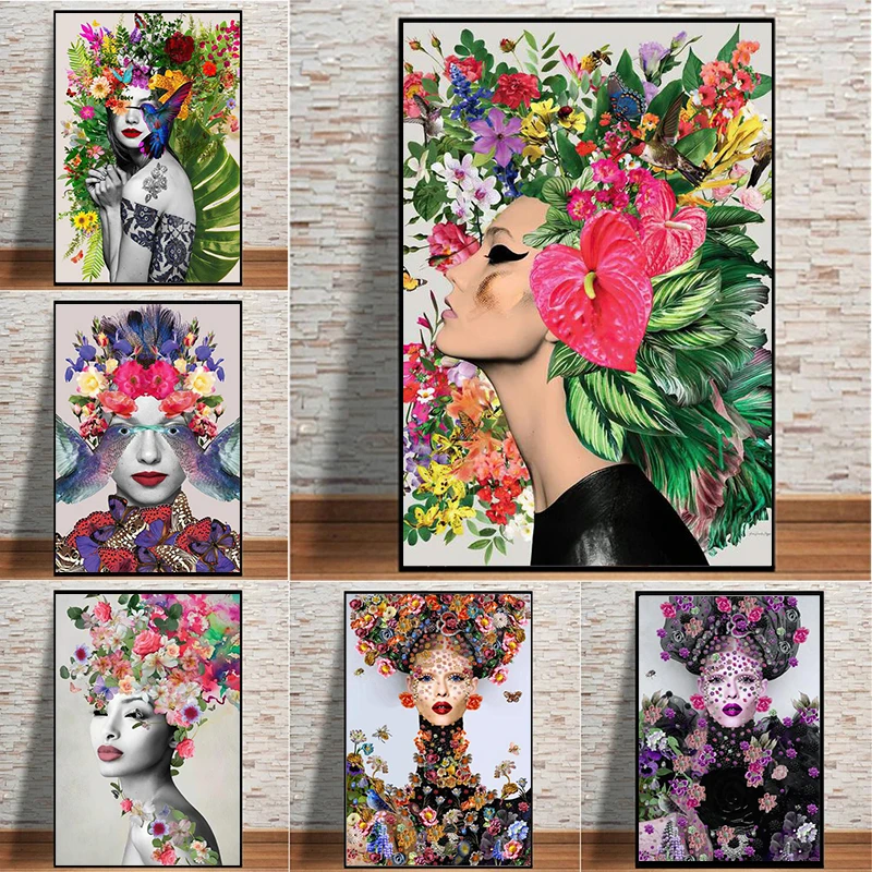 

Luxury Flower Woman Canvas Painting Wall Art Model Girl Portrait Surrealism Artistic Posters Prints For Living Room Home Decor