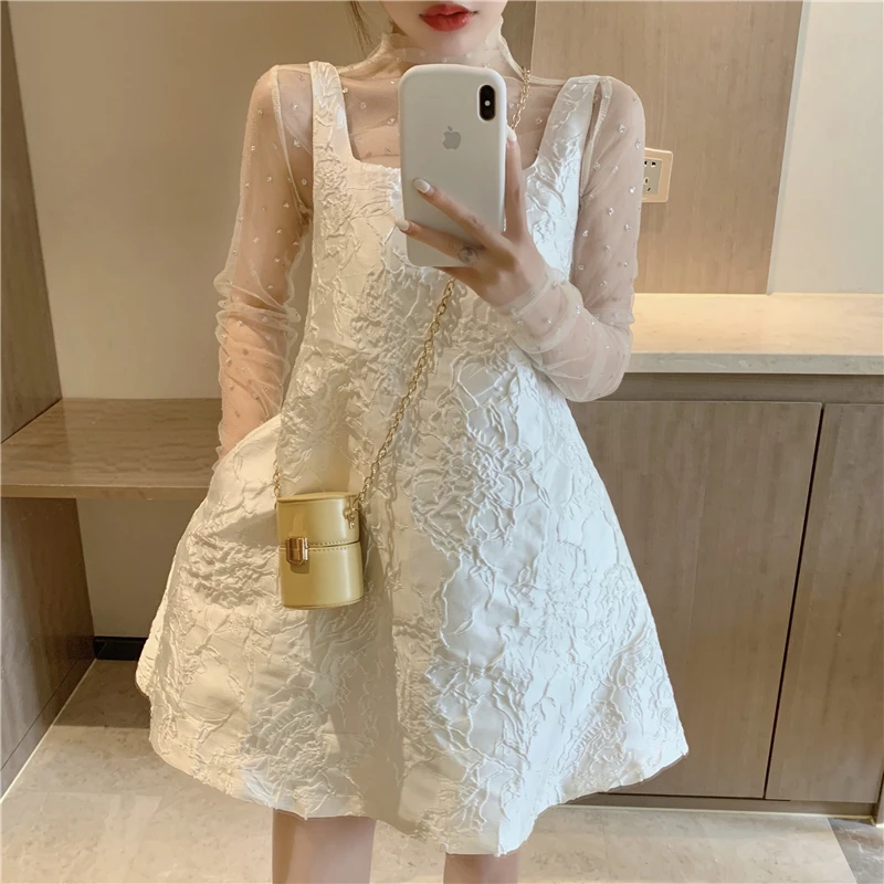 

Two Pieces Vintage Jacquard Casual White Dress for Women Sleeveless Sling Mini Dress & Turtleneck Mesh Sequins Basic Tops Femme