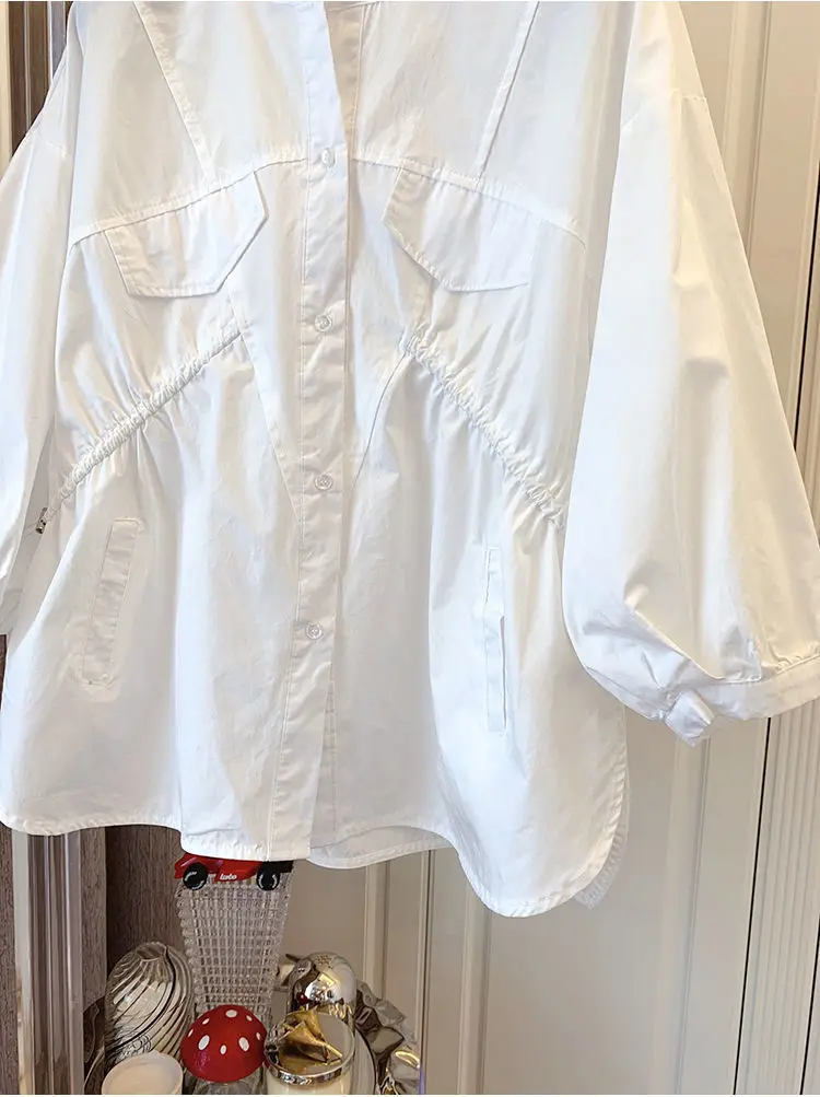 

Solid Cotton Blouses Chic Casual Folds Drawstring Short-sleeve Shirt Pink Women Loose White Shirts Female 2021 Summer Tops Blusa