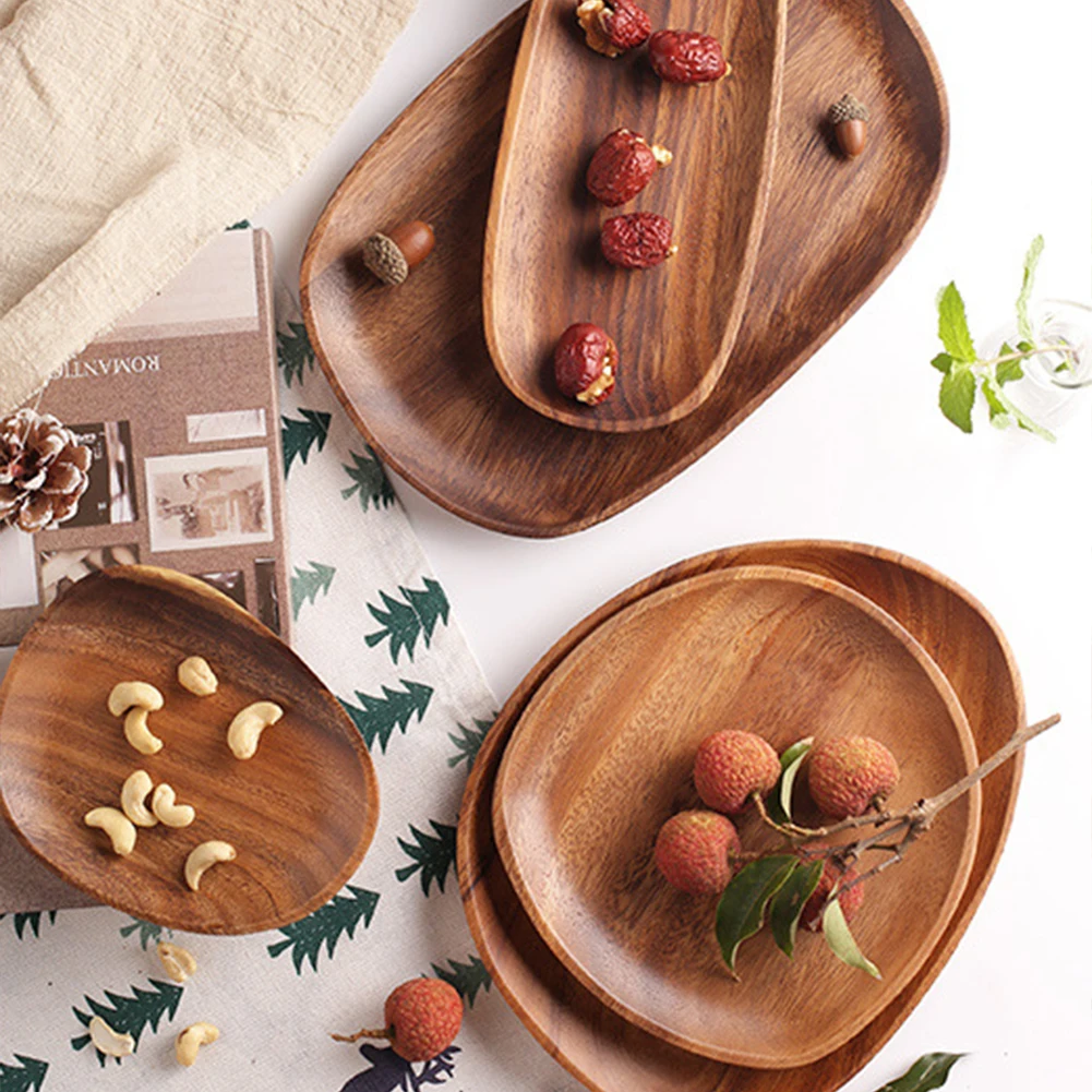 

Wood Irregular Oval Solid Wood Pan Plate Fruit Dishes Saucer Tea Tray Dessert Dinner Plate Tableware Set